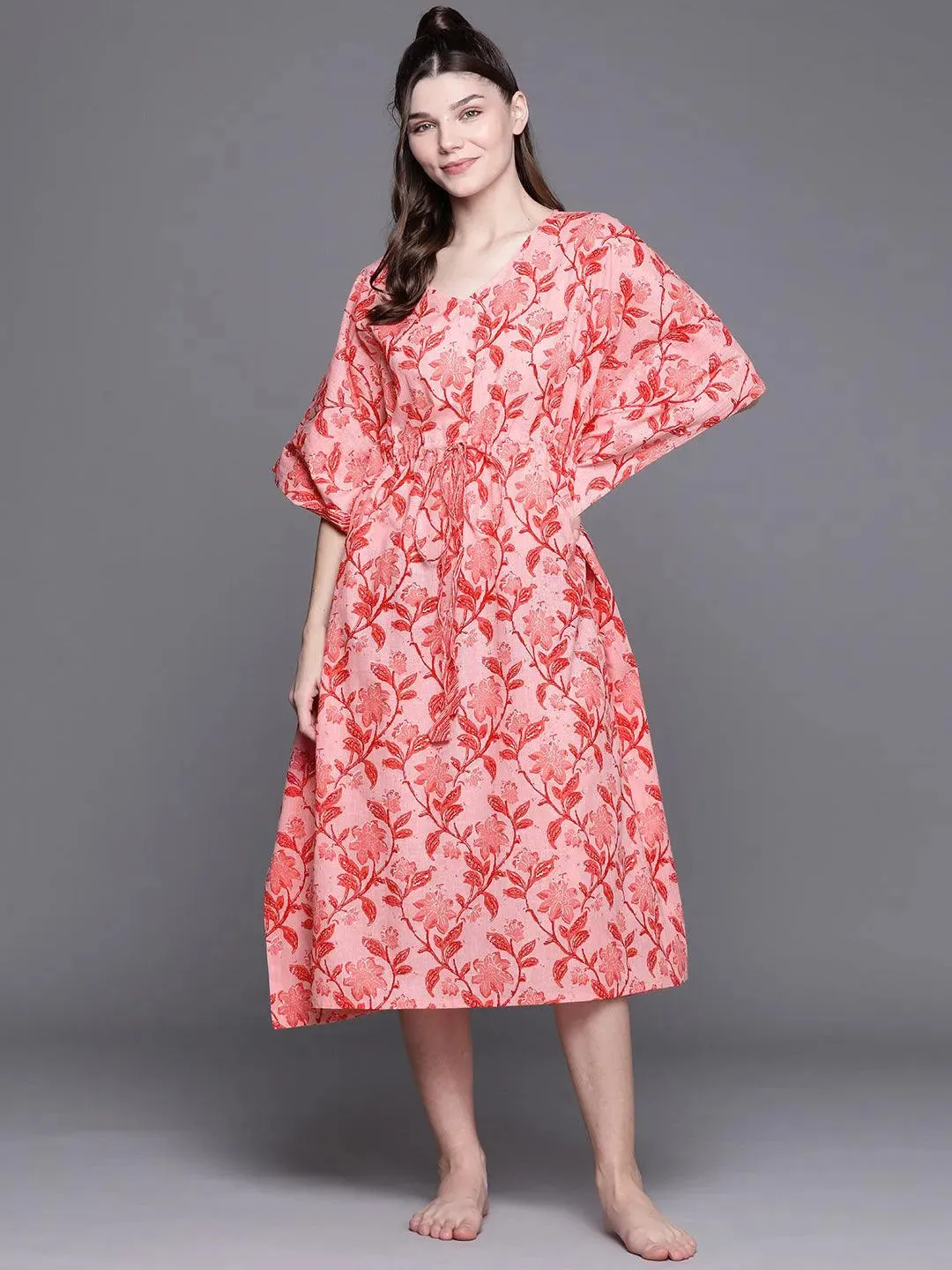 Pink Cotton Printed Kaftan Nightdress