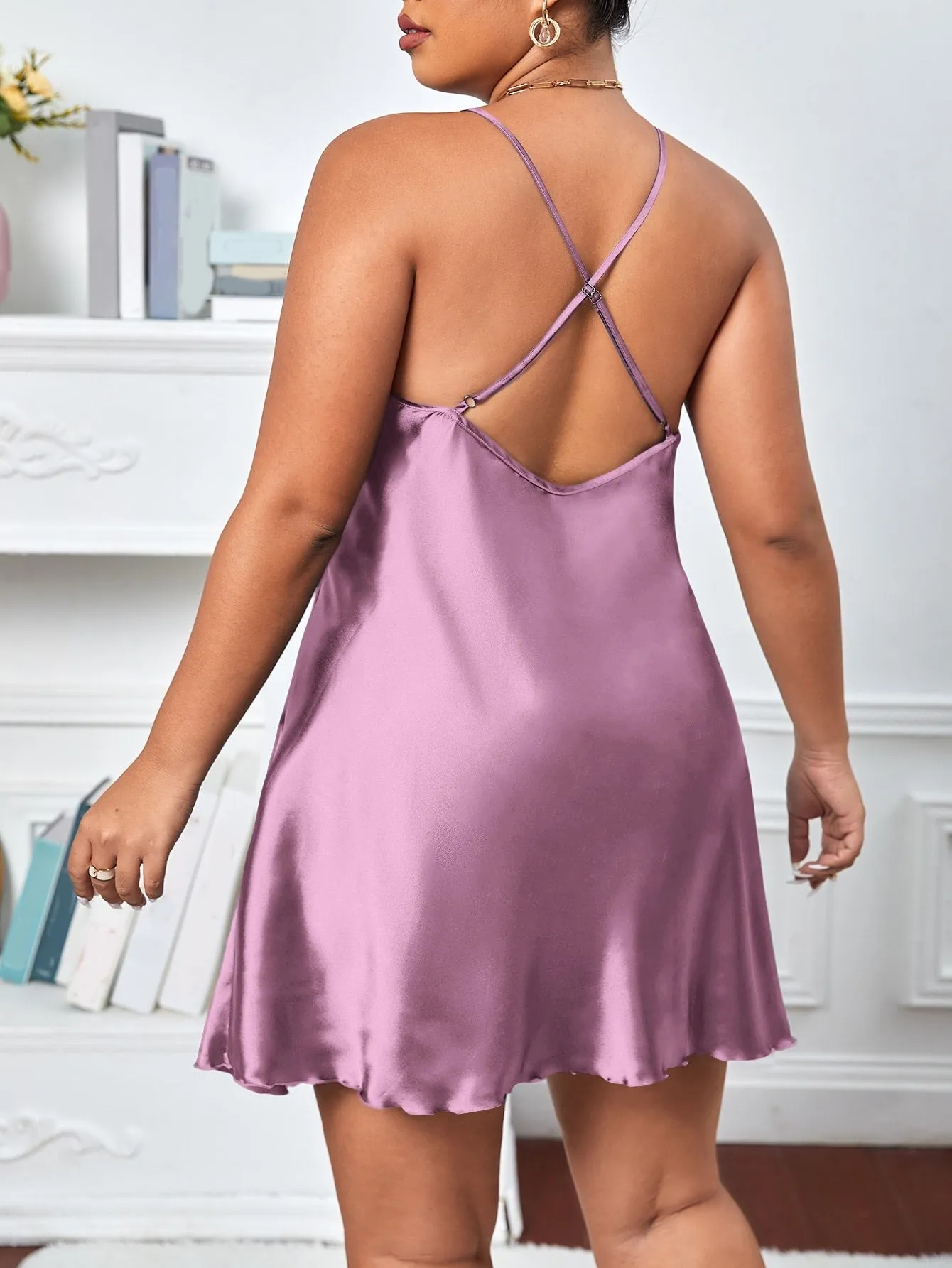 Plus Crisscross Back Satin Cami Nightdress lilac