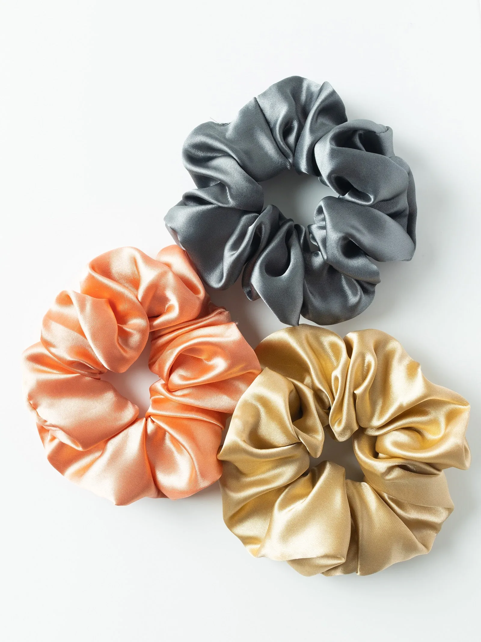 Satin Silk Scrunchies Set - Gray, Peach & Beige