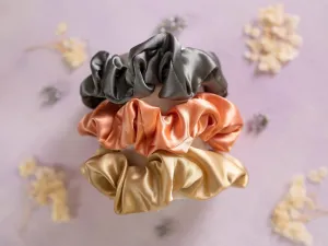 Satin Silk Scrunchies Set - Gray, Peach & Beige