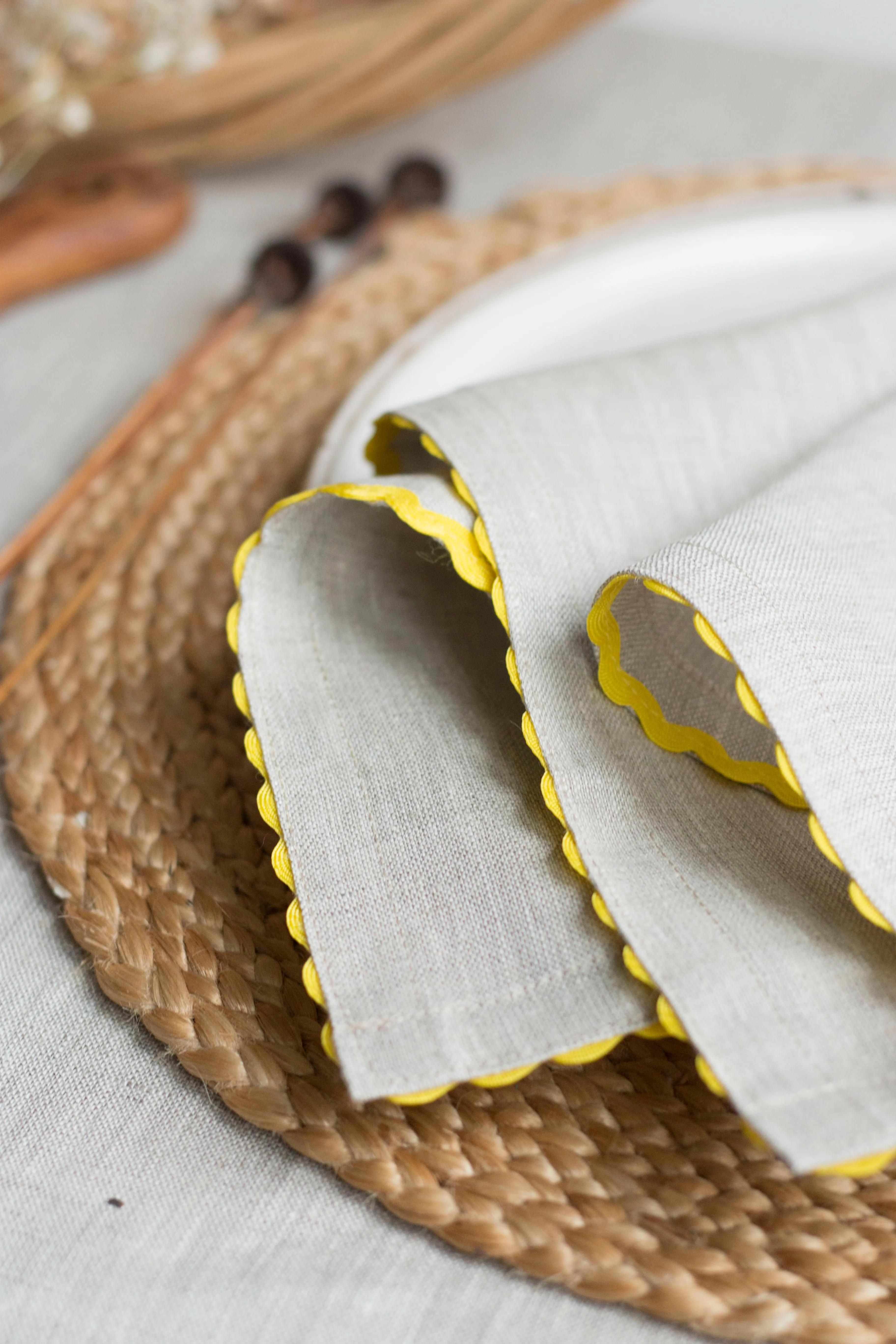 Set of 2 Natural Linen Napkins With Yellow Rick-Rack Trim