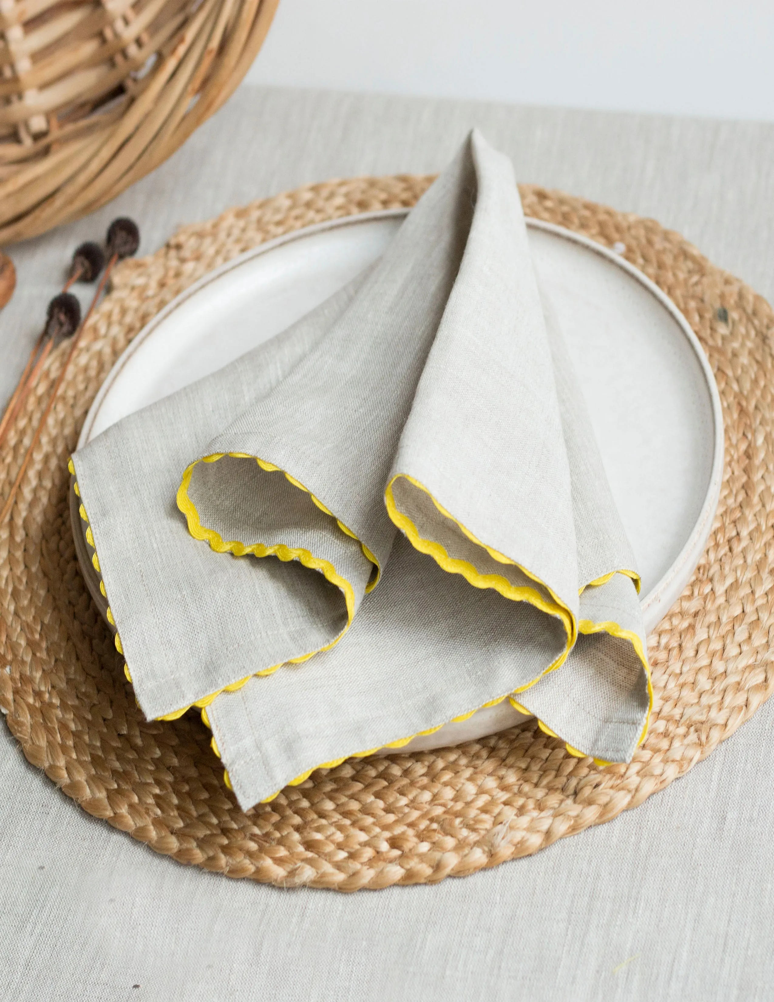 Set of 2 Natural Linen Napkins With Yellow Rick-Rack Trim