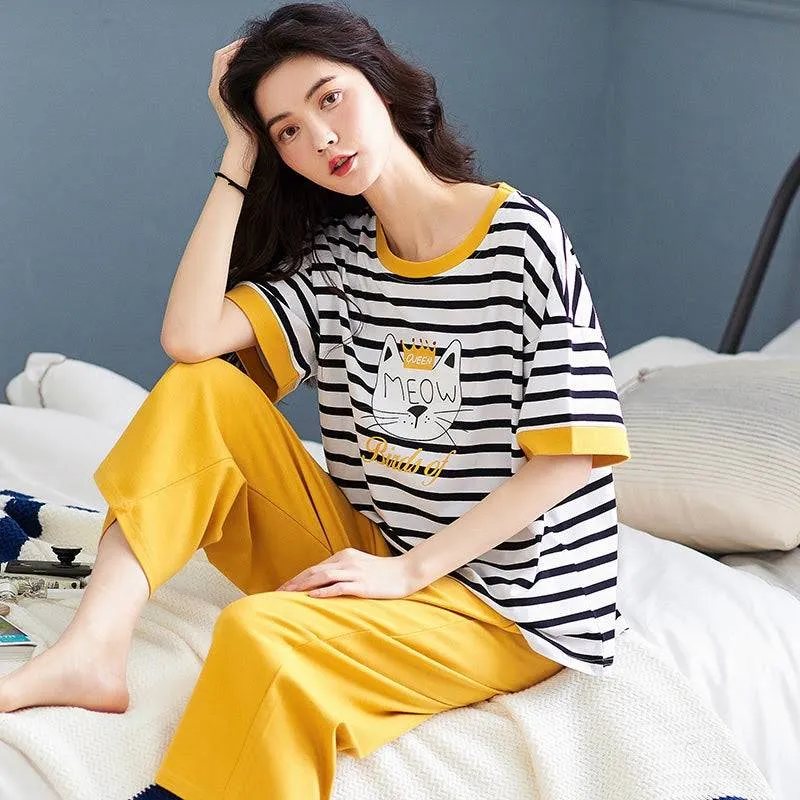 Sleep Wear 100% Soft Cotton Cat Print Striped Pajama Set Lounge wear M L XL XXL