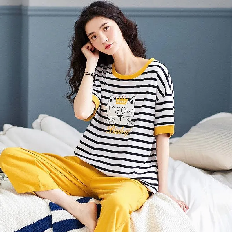 Sleep Wear 100% Soft Cotton Cat Print Striped Pajama Set Lounge wear M L XL XXL