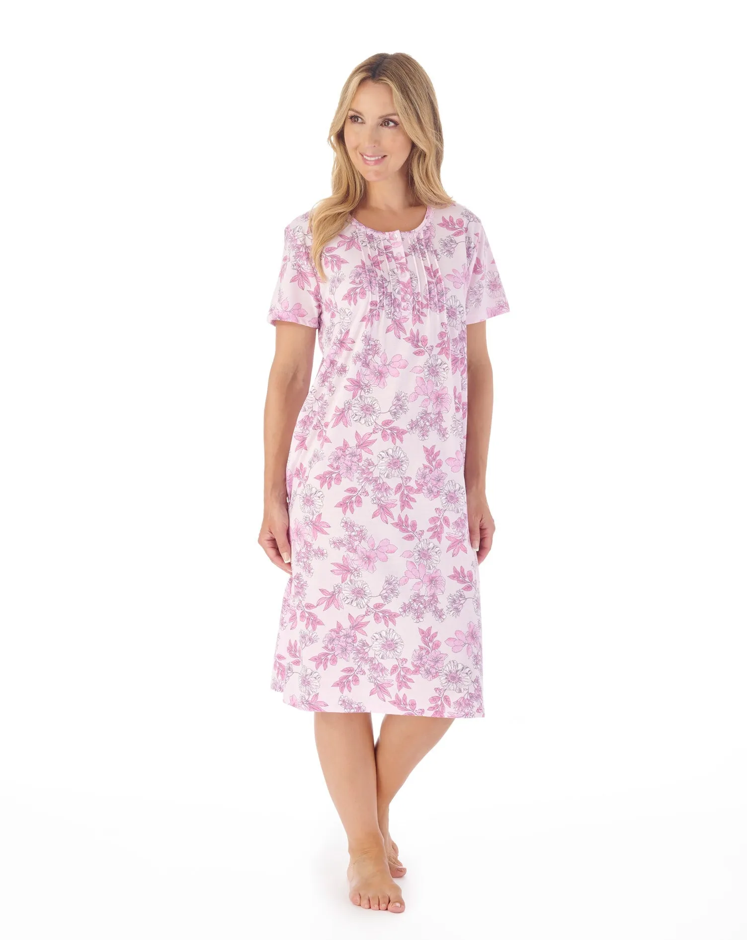 Slenderella Short Sleeve Cotton Button Front Jersey Floral Nightdress