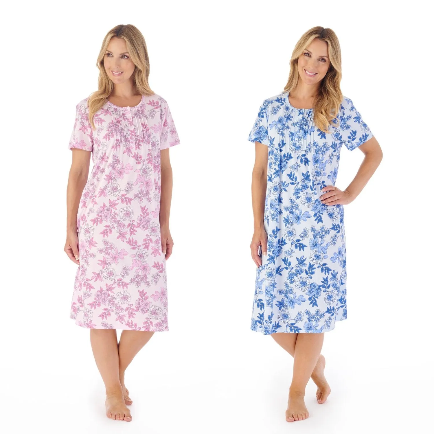 Slenderella Short Sleeve Cotton Button Front Jersey Floral Nightdress