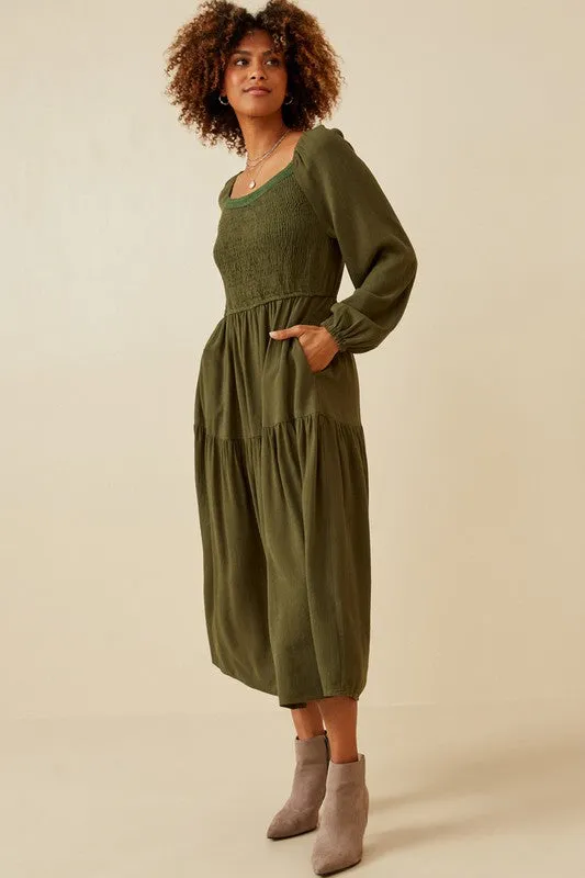 Smocked Waist Tiered Midi Dress Style 1454 in Olive