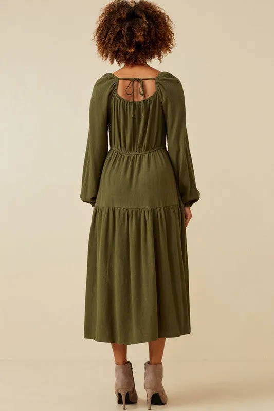 Smocked Waist Tiered Midi Dress Style 1454 in Olive