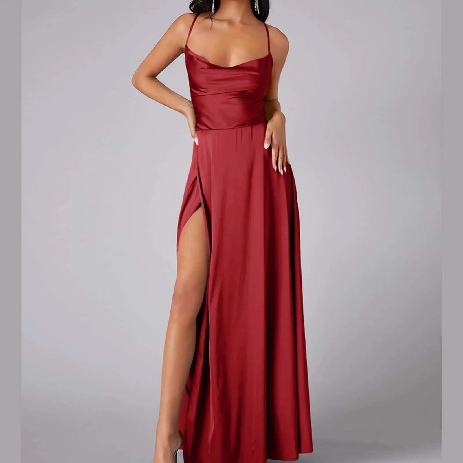 Spaghetti Straps Satin Sleeveless High Side Slit Party Elegant Sexy Backless Midi Sexy Dress