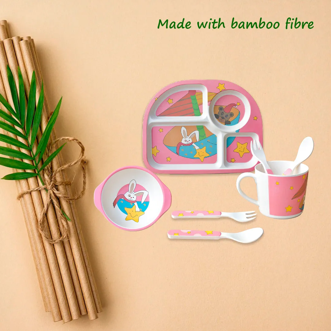 THE LITTLE LOOKERS Eco Friendly Bamboo Fibre 5 Pcs Kids Dining Set (Plate, Bowl, Spoon, Fork & Cup)