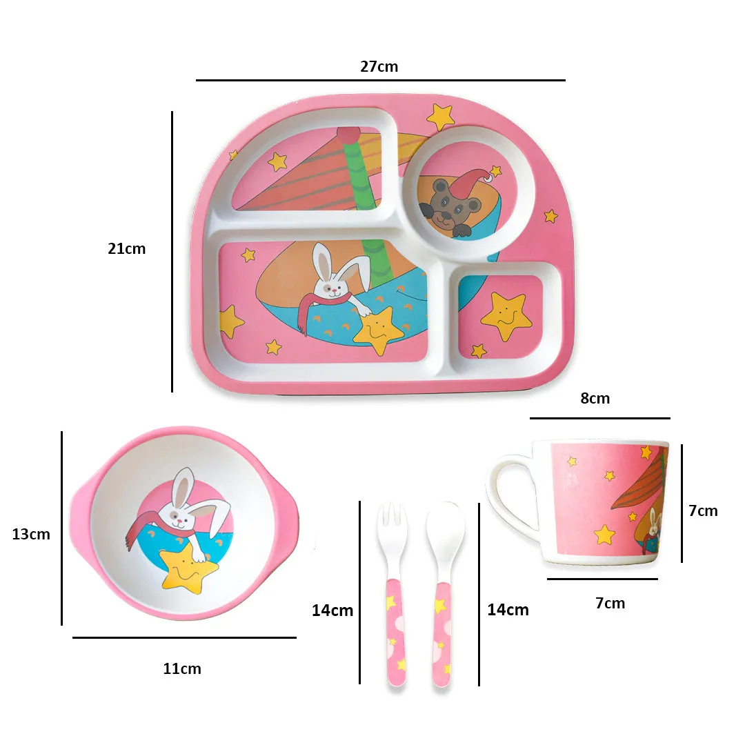 THE LITTLE LOOKERS Eco Friendly Bamboo Fibre 5 Pcs Kids Dining Set (Plate, Bowl, Spoon, Fork & Cup)