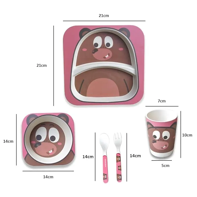 THE LITTLE LOOKERS Eco Friendly Bamboo Fibre 5 Pcs Kids Dining Set (Plate, Bowl, Spoon, Fork & Cup)