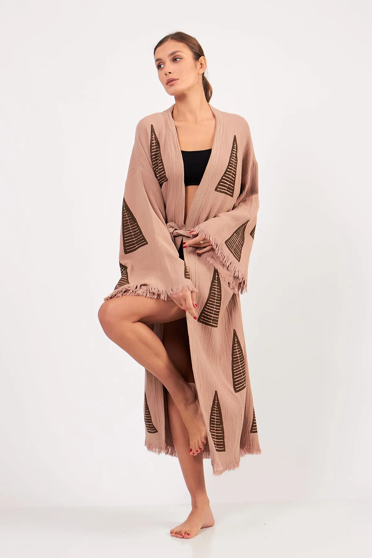 Turkish Towel Kimono Bathrobe Pyramid Design Brown