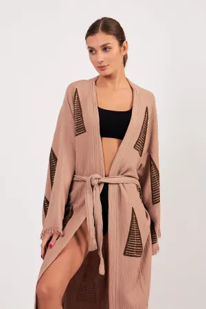 Turkish Towel Kimono Bathrobe Pyramid Design Brown