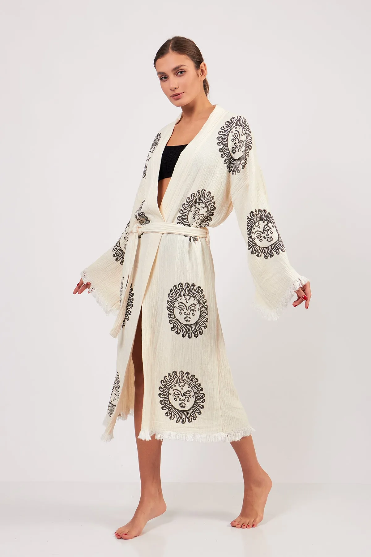 Turkish Towel Kimono Bathrobe Sun Design Black on Ecru