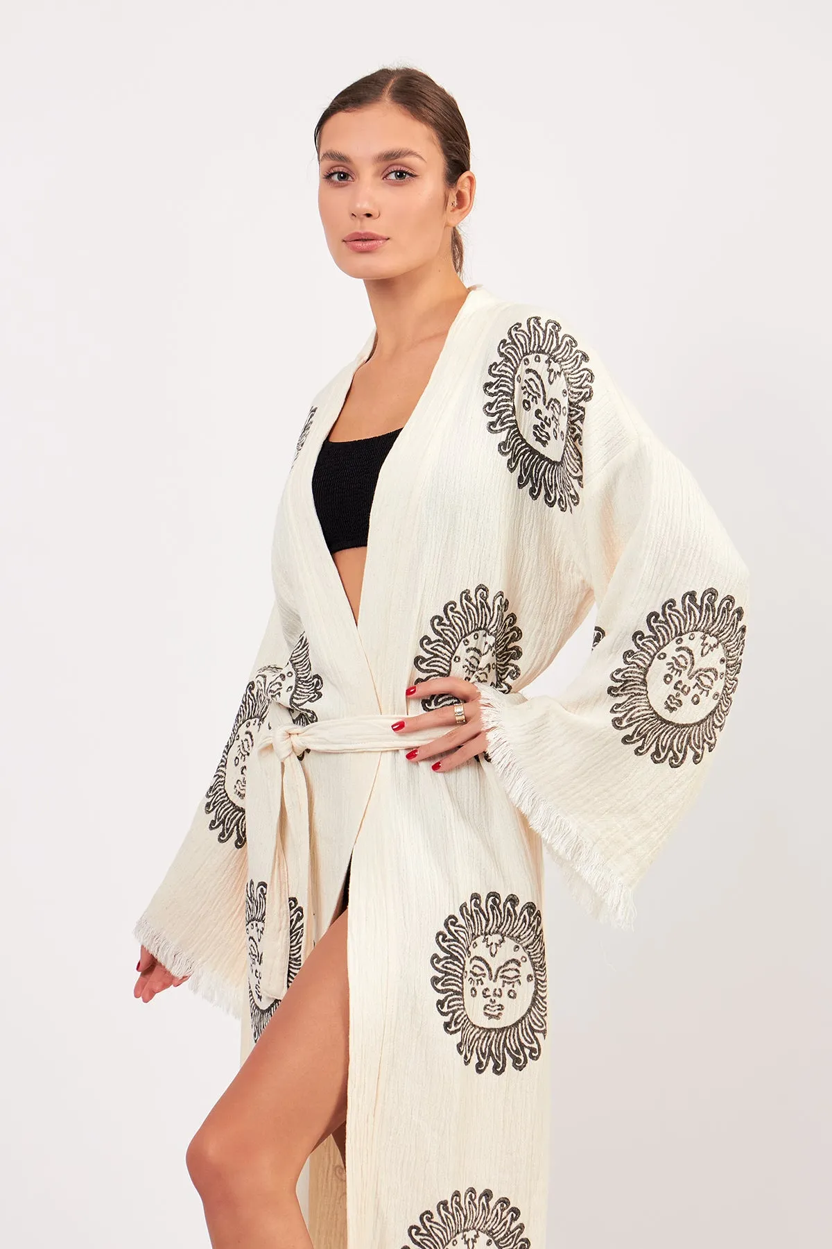 Turkish Towel Kimono Bathrobe Sun Design Black on Ecru