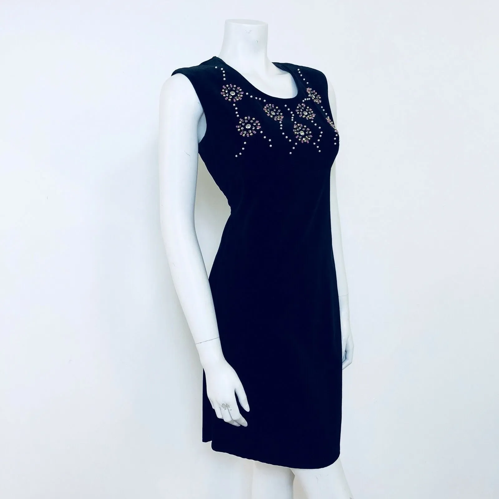 VINTAGE 1960S SEQUIN BLACK VELVET EMBELLISHED MINI DRESS 10 12