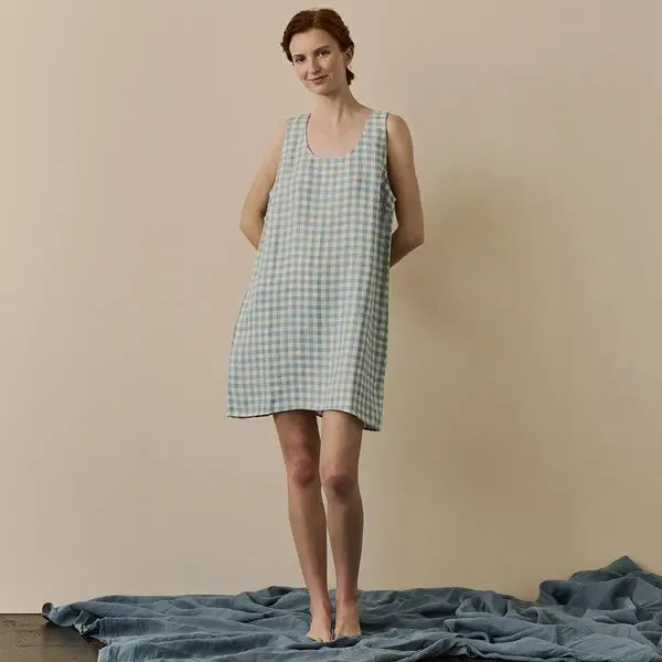 Warm Blue Gingham Linen Nightdress