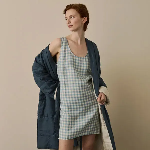 Warm Blue Gingham Linen Nightdress