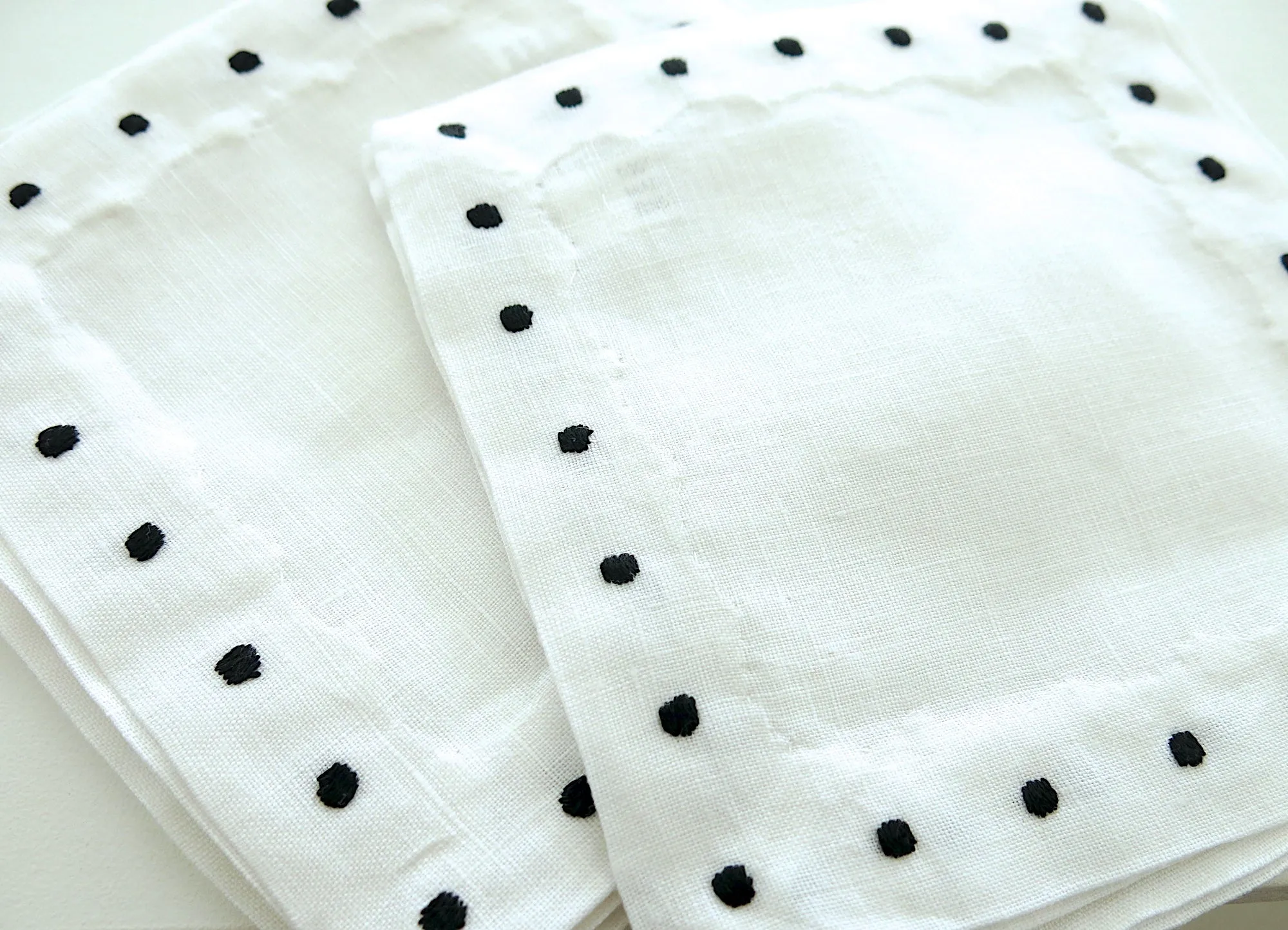 White Linen with Black Color Swiss Dots Embroidery Cocktail Napkins set