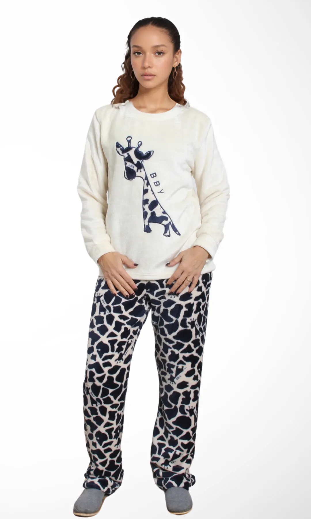 Women Two-Pieces Velvet Pajama (Dark Blue Giraffe)