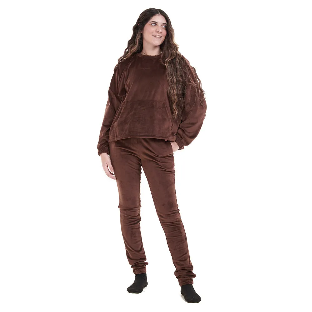 Women Winter Pajama Set Brown Sweatshirt   Pants