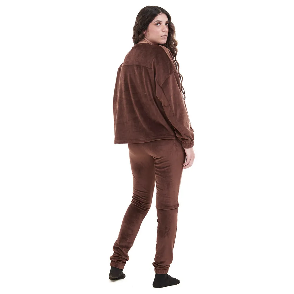 Women Winter Pajama Set Brown Sweatshirt   Pants