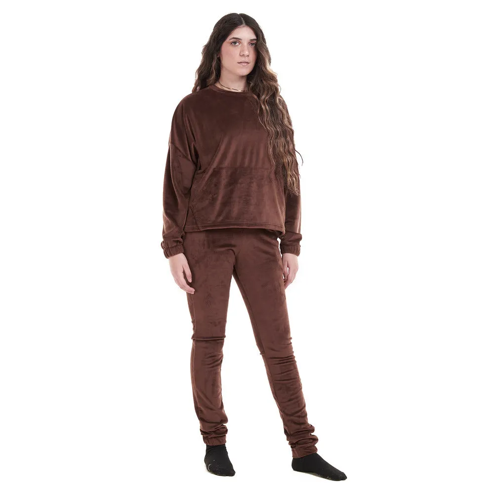 Women Winter Pajama Set Brown Sweatshirt   Pants