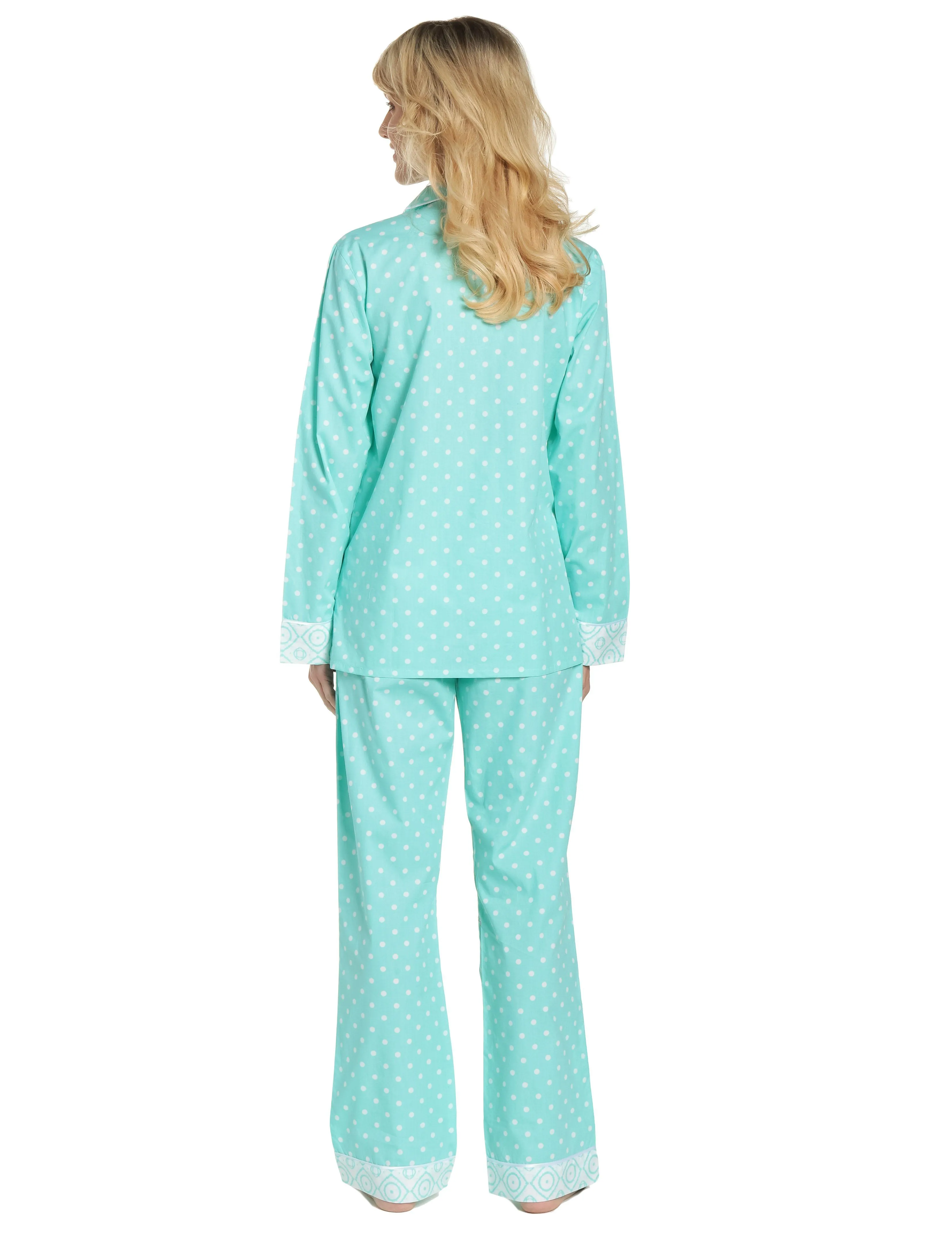 Womens Premium 100% Cotton Poplin Pajama Set with Contrast Cuffs