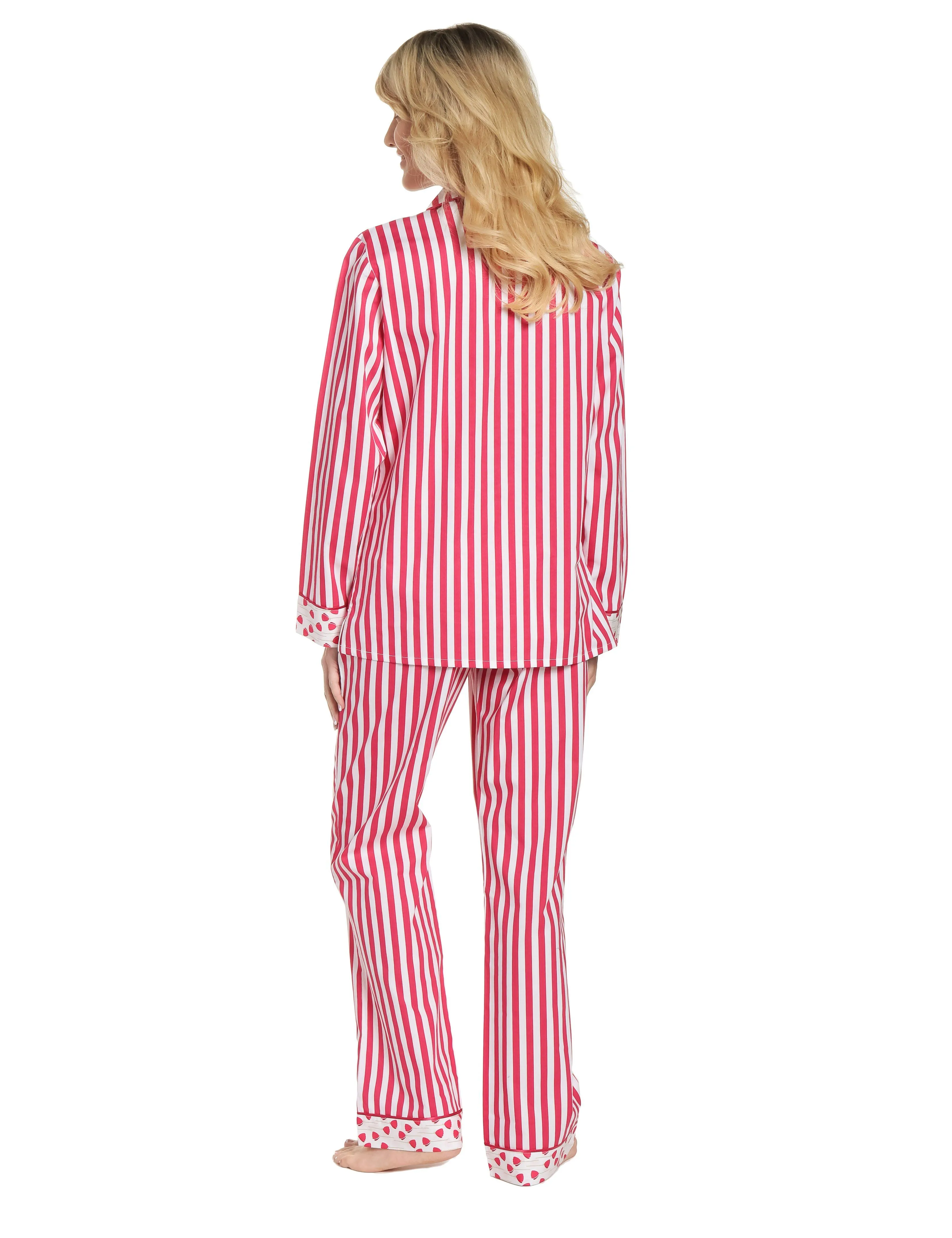 Womens Premium 100% Cotton Poplin Pajama Set with Contrast Cuffs