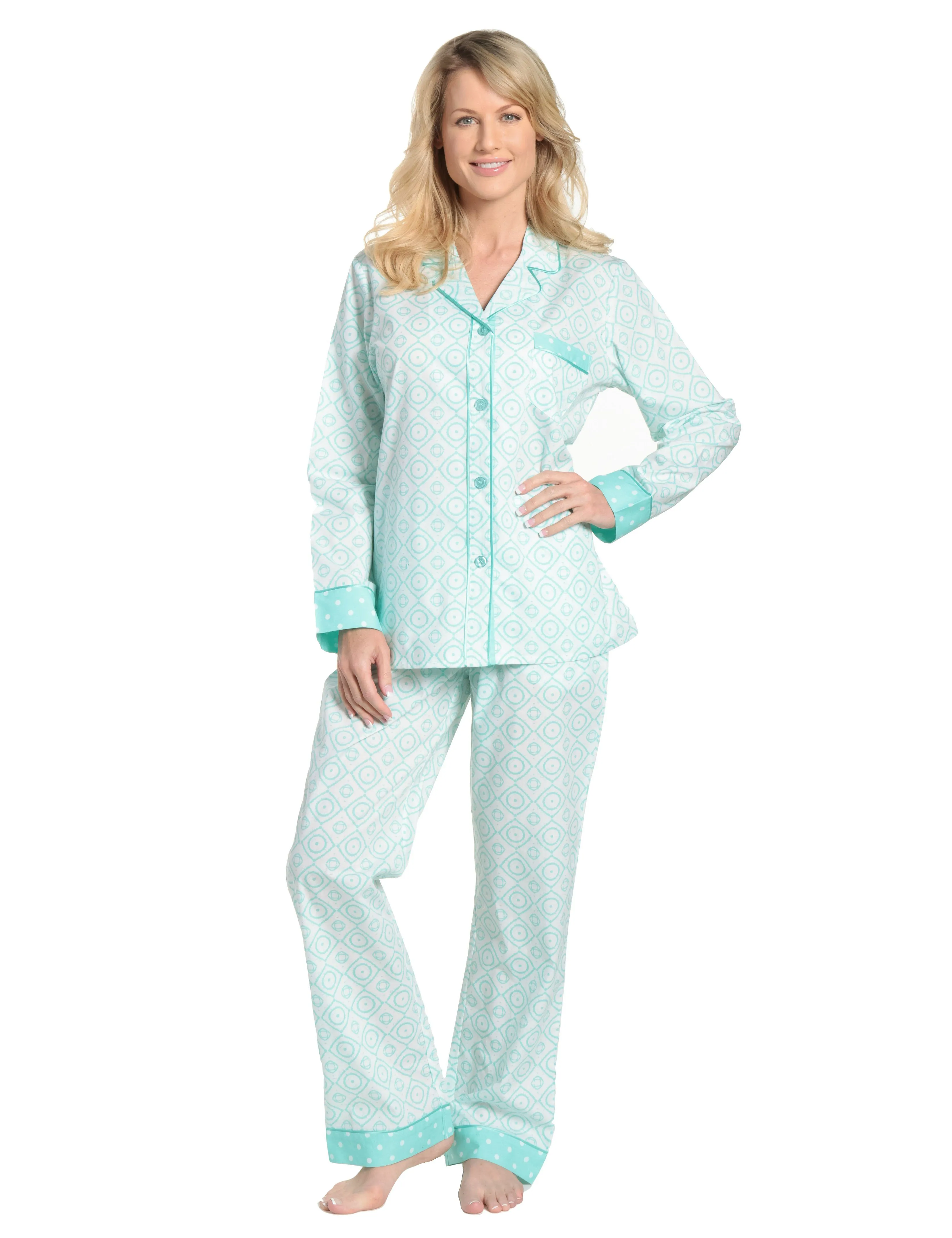 Womens Premium 100% Cotton Poplin Pajama Set with Contrast Cuffs