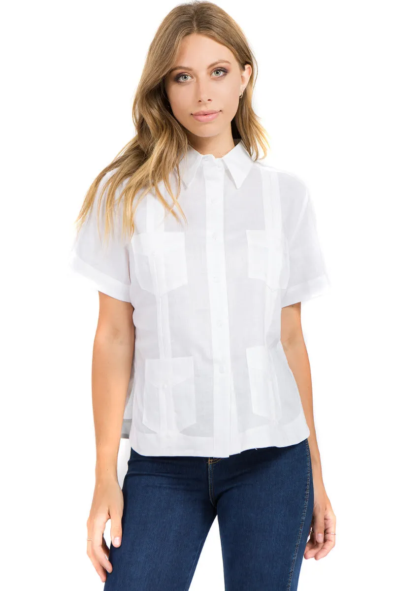 Women's Traditional Guayabera Shirt Premium 100% Linen Short Sleeve XS-3X