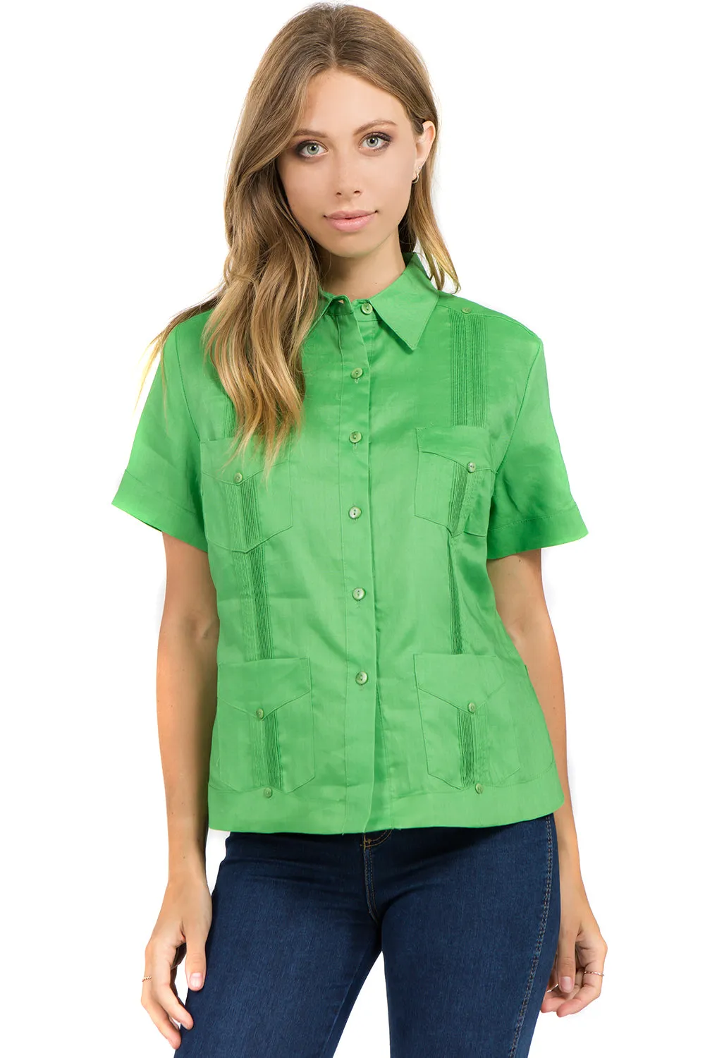 Women's Traditional Guayabera Shirt Premium 100% Linen Short Sleeve XS-3X