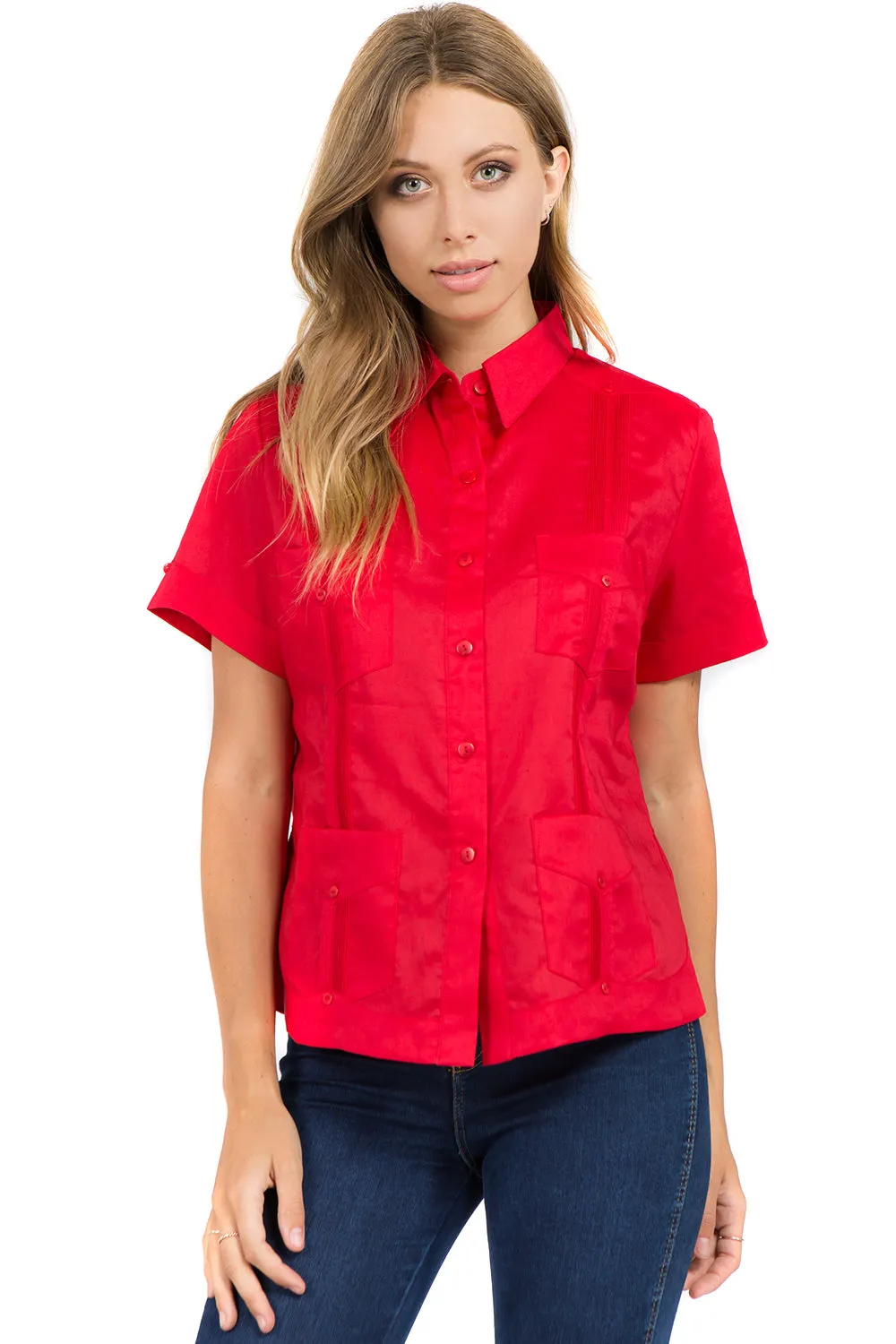 Women's Traditional Guayabera Shirt Premium 100% Linen Short Sleeve XS-3X