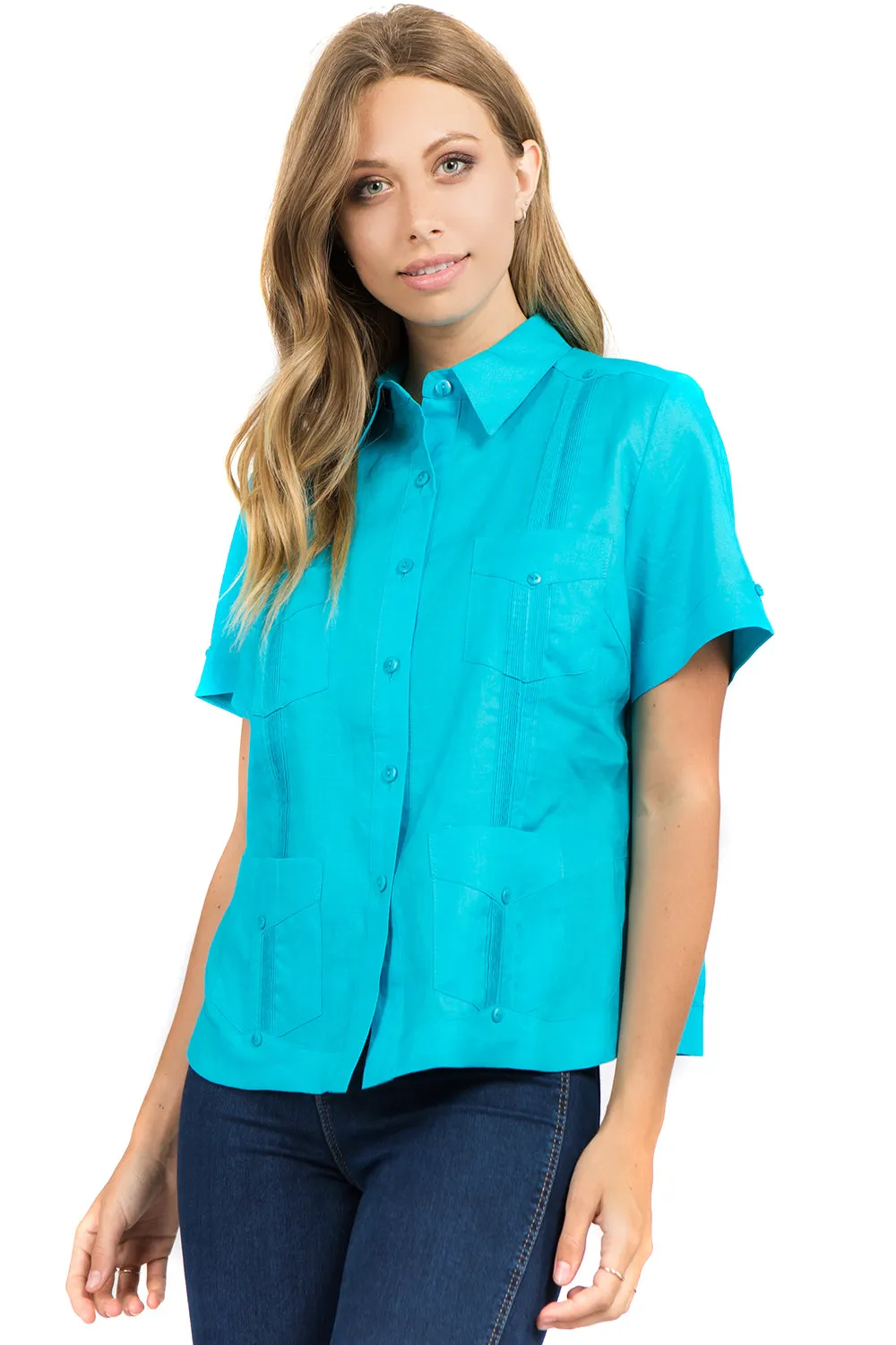 Women's Traditional Guayabera Shirt Premium 100% Linen Short Sleeve XS-3X